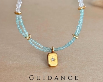 Braccialetto di cristallo con stella polare in apatite blu, nuovi inizi, stile boho, stratificazione minimale, ciondolo in oro, gioielli con perline, guida, incoraggiamento, regalo per lei