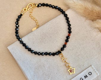 Bracciale protettivo in spinello nero, perline di agata rossa, ciondolo a stella in oro e argento sterling, gioiello spirituale significativo per lei, guida.