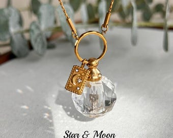 Collana con flacone di profumo in cristallo, quarzo trasparente, ciondolo a forma di luna e stella celeste, diffusore di oli essenziali, gioiello minimalista per aromaterapia, regalo per lei