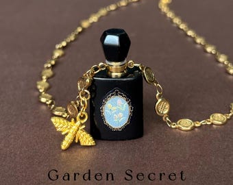 Black Obsidian Perfume Bottle Necklace Honey Bee Charm Wearable Fragrance Vial Crystal Jewelry Protective Grounding Memorial Keepsake Gift