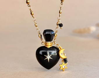 Collana con fiala di profumo in ossidiana nera, flacone di profumo indossabile, gioiello di cristallo con stella e luna celesti, regalo protettivo e di messa a terra per lei. Equilibrio