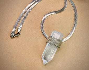 Modern Clear Quartz Crystal Point Necklace, Sculptural Tower Pendant Minimal Stainless Steel Spring Design Statement Jewelry Gift for Her