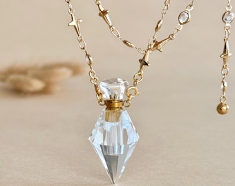 Bergkristal parfumflesje ketting gefacetteerde kristallen puntfles draagbare geurfles sieraden verstelbare sterketting Cadeau voor haar Balans