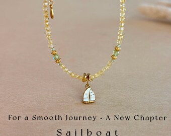 Citrine Crystal Bracelet Sailboat Charm Gold Dainty Beaded Gemstone Handmade Sterling Silver Wealth Jewelry New Beginning Gift for Her Daily