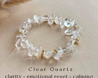 Bracciale con quarzo ialino, cristallo naturale, flusso libero, gioielli minimali non strutturati per chiarezza, da indossare ogni giorno, regalo premuroso per insegnanti di yoga