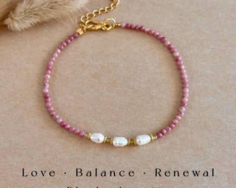 Rhodochrosite Beaded Bracelet Delicate Pearl Bracelet Boho Pink Crystal Stackable Sterling Silver Jewelry Self Love Gift for Her Birthday