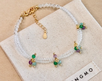 Bracciale in quarzo trasparente con perline di cristallo, gioiello artigianale in argento sterling placcato oro, regalo di compleanno per lei.