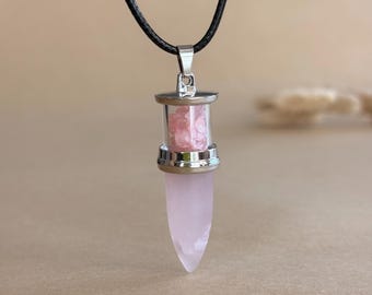 Rose Quartz Point Necklace Pink Crystal Chip Vial Pendant Energy Stone Adjustable Cord Boho Jewelry Unique Intentional Gift for Her Birthday