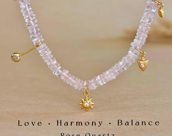 Rose Quartz Necklace Crystal Layered Beaded Necklace Minimal Gold-Plated Sterling Silver Charms Harmony Boho Gemstone Jewelry Gift for Her
