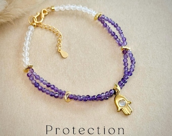Braccialetto di cristallo Hamsa in ametista, protezione, stile boho, con perline, gioielli spirituali, pietra portafortuna di febbraio, regalo per lei