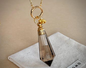 Smoky Quartz Perfume Bottle Necklace Crystal Point Pendant Essential Oil Vial Jewelry Grounding Protection Keepsake Gift for Her Daily Wear