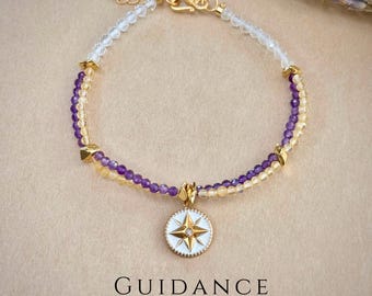 Bracciale con perline di cristallo, bussola, ametista e citrino, stella polare, gioielli di guida, regalo simbolico e significativo per lei, da indossare ogni giorno.