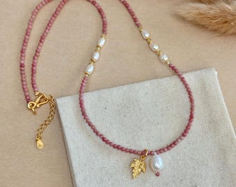 Rhodochrosite Necklace Beaded Crystal Boho Layering Dainty Maple Leaf Pearl Charm Necklace Sterling Silver Jewelry Handmade Gift for Her