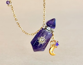 Collana con fiala di profumo in cristallo di ametista, bottiglia di olio essenziale indossabile, gioielli da indossare a strati, luna celeste e stella, regalo per donne, calma e intuizione.
