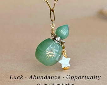 Collana con fiala di profumo in avventurina verde, bottiglia di olio essenziale indossabile, cristallo portafortuna, gioielli celestiali, regalo per donne, nuovi inizi