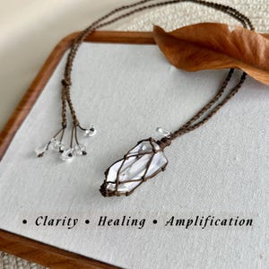 Macrame Clear Quartz Point Pendant Necklace, Healing Crystal Tower Clarity Balance Handmade Boho Woven Net Meditation Spiritual Gift for Her