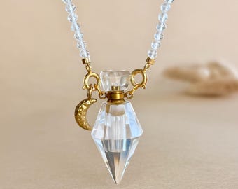 Clear Quartz Perfume Bottle Necklace Faceted Crystal Vial Pendant for Essential Oil Fragrance Celestial Star Moon Charm Jewelry Gift for Her
