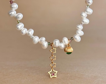 Freshwater Pearl Necklace Star Charm Beaded Gemstone Boho Layering Sterling Silver Dainty Celestial Jewelry Handmade Gift for Her Birthday