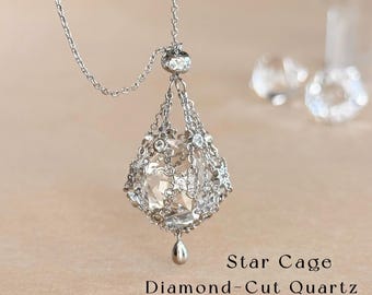 Diamond-Cut Clear Quartz Cage Necklace Crystal Holder Pendant Interchangeable Stone Adjustable Silver Chain Meaningful Jewelry Gift for Her