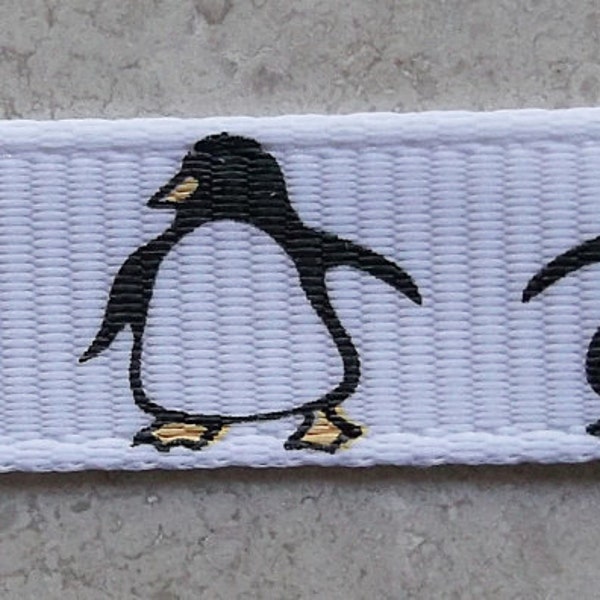 Plucky penguins on white 3/8" grosgrain ribbon Christmas