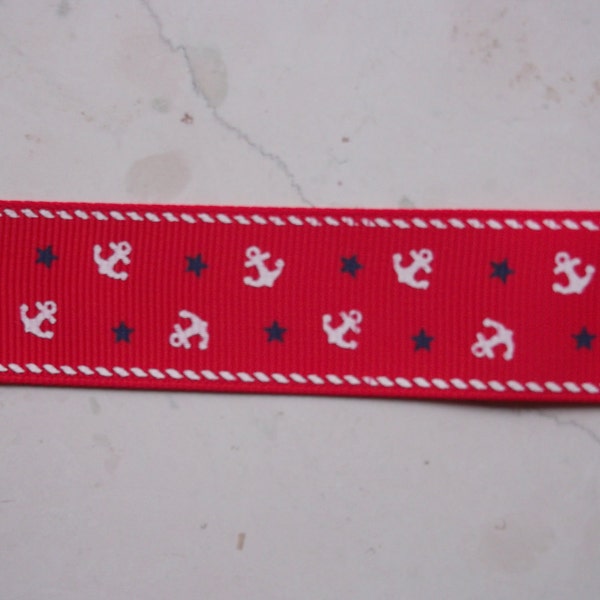 Nautical Theme White anchors & blue Stars on red 1 inch grosgrain ribbon-4th of July