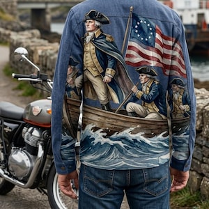 Peut inclure: Une veste en jean bleu avec une grande impression graphique détaillée au dos. L'illustration représente George Washington debout dans une barque en bois avec des soldats, accompagnée d'un drapeau américain historique à treize étoiles.