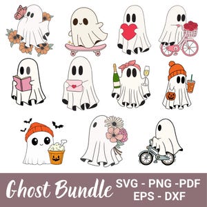 Cute Ghost Halloween svg Bundle, Retro Ghost png, Retro Floral Ghost png, Dog Ghost svg, Ghost Reading svg, Spooky Season, Halloween png