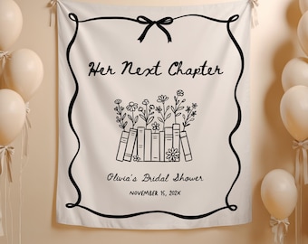 Her Next Chapter Banner: Custom Storybook Bridal Shower Backdrop, Personalized Tapestry Decor for Bridal Celebrations - BT6