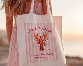 Lobster Bachelorette Canvas Tote Bag: Custom She's a Catch Bridesmaid Party Gift