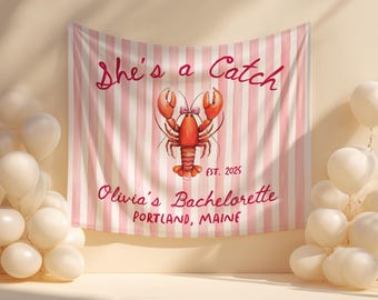 Lobster Bachelorette Banner / Backdrop: She's a Catch Pink Coastal Bridal Shower Decor
