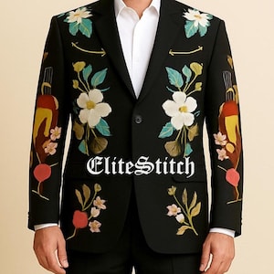Men 2 Piece Black Floral Western Embroidered Custom Nudie Suit Bespoke Cowboy Rodeo Formal Outfit Country Concert Jacket Unique Groom Suit