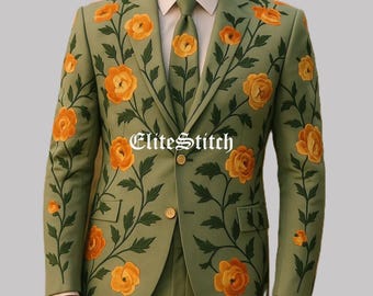 Traje de hombre verde bordado: conjunto de blazer floral para boda
