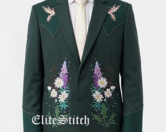 Traje de hombre de 2 piezas verde oscuro, hecho a medida, con bordados florales de hojas y enredaderas, estilo country western, ideal para rodeo, cóctel, boda o como atuendo de novio.