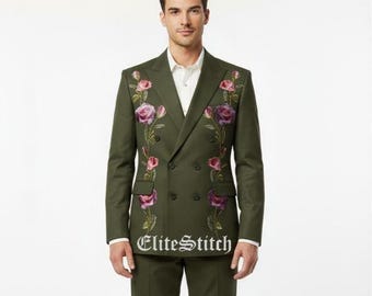 Men's 2Pc Custom Green Floral Embroidered Cotton Suit: Country Western Wedding Outfit Western Suit