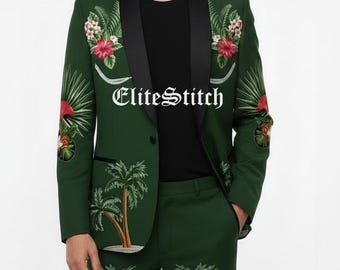 Men's Custom Green Suit:  Floral Embroidery, Wedding Groomsmen Country Western Attire