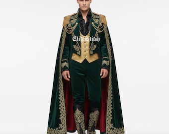 Regal Green Velvet Suit Cape Set Custom Prince Cosplay Royal King Costume Horse Embroidered Military Jacket Bespoke Royal Vampire Attire