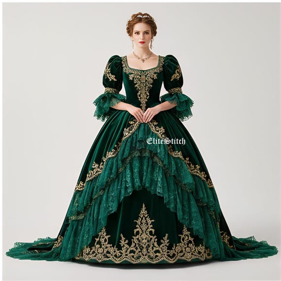Dark Green Rococo Victorian Gown: Satin 18th Century Costume Trimmed Dress