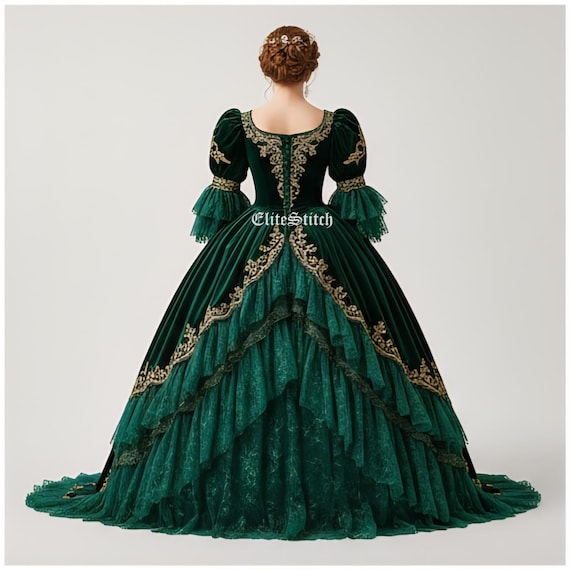 Dark Green Rococo Victorian Gown: Satin 18th Century Costume Trimmed Dress