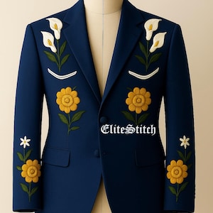 Men 2 Piece Embroidered Blue Suit Calla Lily Floral Bespoke Cowboy Blazer & Pants Custom Formal Rodeo Suit Country Western Wedding Outfit