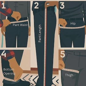 May include: Diagram illustrating how to measure pants. The image shows how to measure the waist, pant length, hip, bottom opening, and thigh. The text "Measurements For Pant" is at the top of the image.