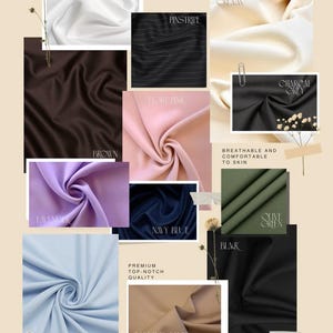 May include: A swatch card showcasing various suiting fabric colors, including white, brown, cream, light pink, lavender, navy blue, light blue, olive green, black, and caramel beige. The card also features a black pinstripe fabric sample. Text on the card reads "SWATCH CARD SUITING FABRIC FOR MEN".