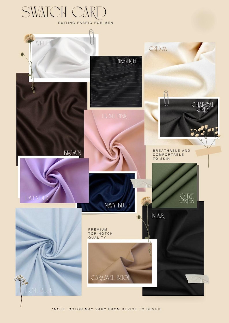 May include: A swatch card showcasing various suiting fabric colors, including white, brown, cream, light pink, lavender, navy blue, light blue, olive green, black, and caramel beige. The card also features a black pinstripe fabric sample. Text on the card reads "SWATCH CARD SUITING FABRIC FOR MEN".