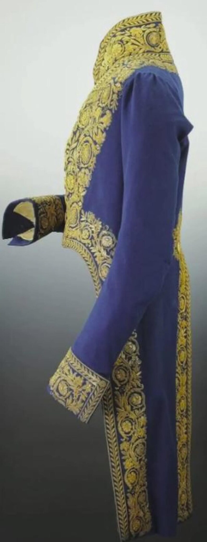 May include: A side view of a royal blue jacket with elaborate gold embroidery. The jacket features ornate floral and scrollwork patterns along the edges, cuffs, and collar, creating a regal appearance. The sleeves are long and the jacket has a tailored fit.