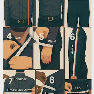 May include: Diagram illustrating how to measure various parts of the body for clothing. Measurements include length, chest, belly, neck, wrist, sleeve, shoulder, biceps, and hip. The image shows a person wearing a dark blue shirt and pants.
