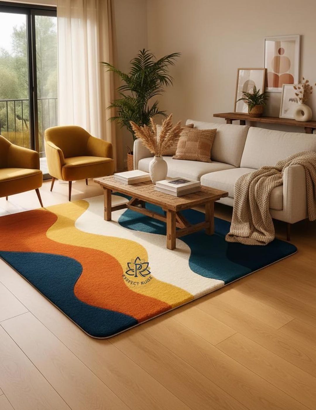 Retro Wave 5x8ft Rug | Modern Blue, Orange & Yellow Abstract Wool Feel ...