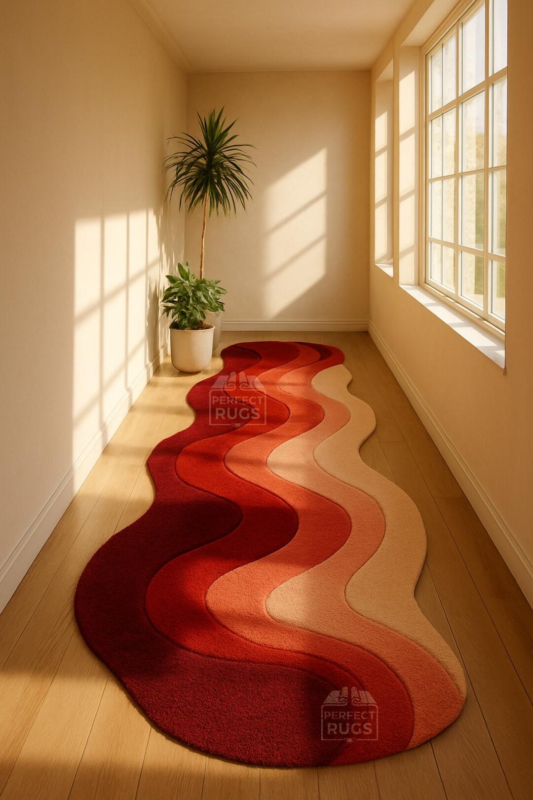 Wavy Red Abstract Runner Rug – Modern Curvy Hallway Carpet – Hand ...