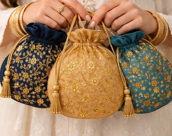 Bolsas Potli de seda bordadas - Lote de 100 artículos de fiesta hechos a mano en la India para regalo