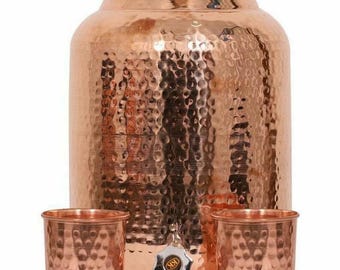 Dispensador de agua de cobre martillado a mano: decoración para el hogar india, 8 litros.