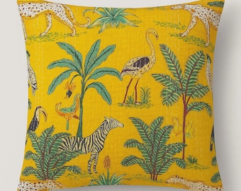 Handcrafted Kantha Cushion Cover | Jungle Animal Print Pillow | Boho Safari Theme Home Decor