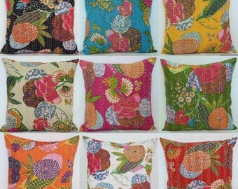 Handmade Kantha Stitch Cushion Cover: Indian Decorative Pillow, Assorted Colors